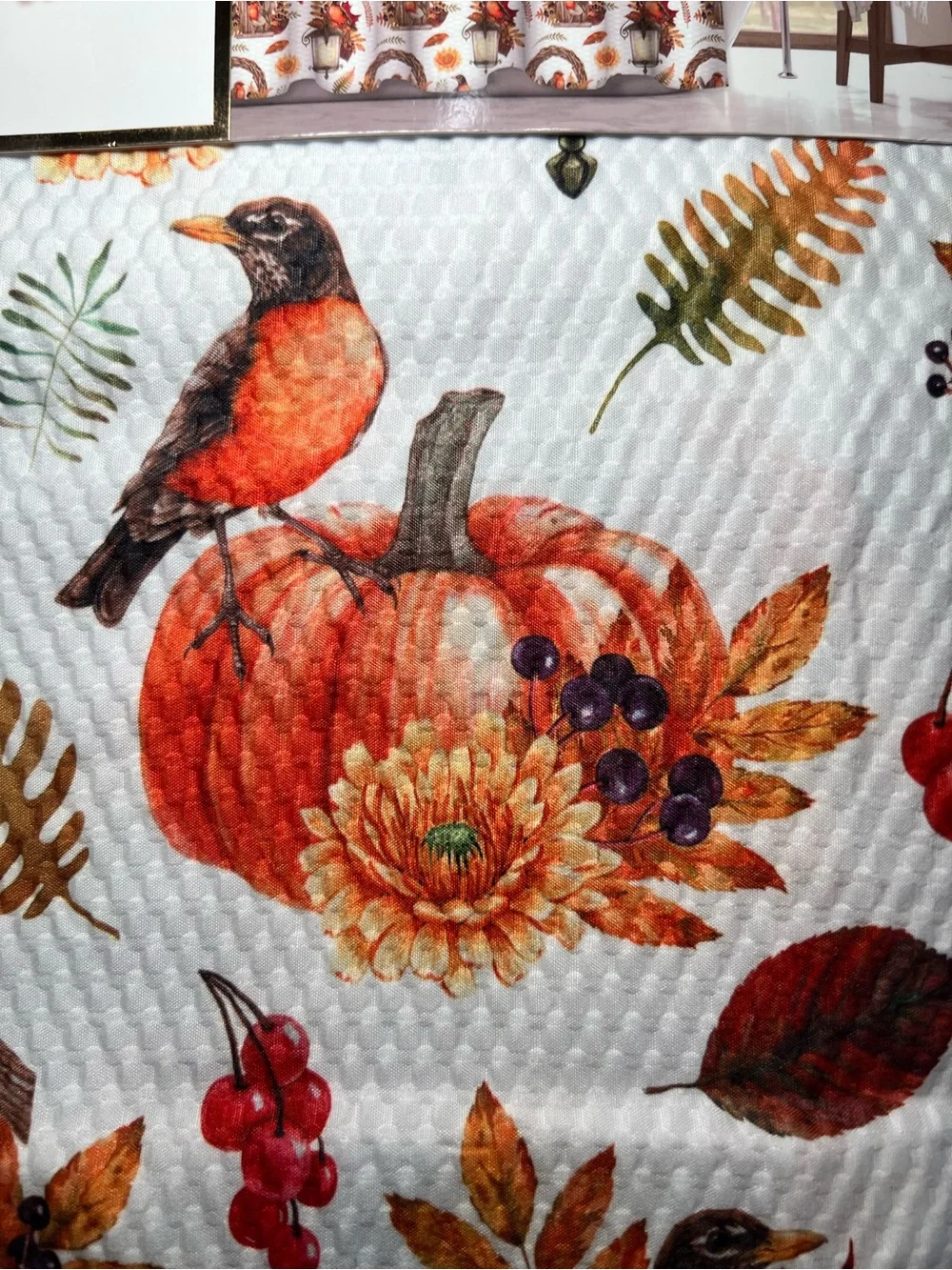 Autumn Birdhouse Textured Fabric Shower Curtain Birds Pumpkins Leaves Wreath
